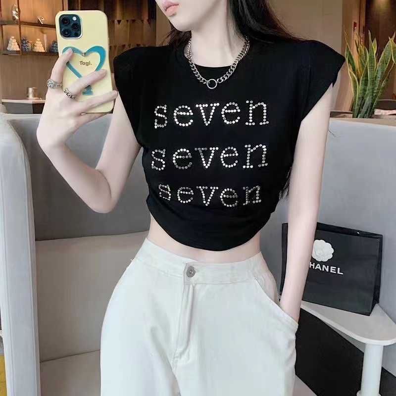 Xiao เสื้อยืดแขนสั้น เข้ารูป พิมพ์ลายตัวอักษร ประดับเพชรเทียม สําหรับผู้หญิง ราคา ถูกที่สุด ดีลบีเคเค แกลเลอรีภาพที่ 2
