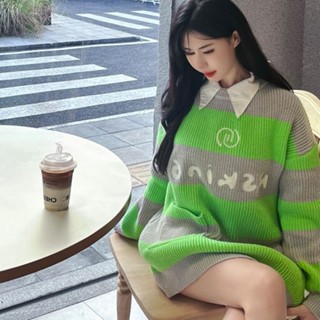 เสื้อกันหนาว คอกลม ทรงหลวม ลายทาง สีตัดกัน สําหรับผู้หญิง