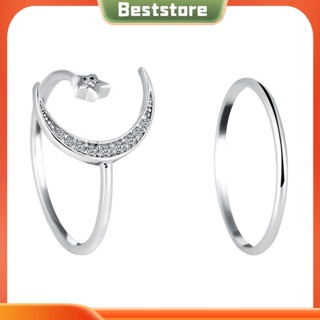 Beststore|  เครื่องประดับผู้หญิง แหวนแฟชั่น รูปดาว ดวงจันทร์ ฝังพลอยเทียม 2 ชิ้น