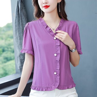 เสื้อเชิ้ตแขนสั้น คอวี ผ้าชีฟอง สีพื้น แฟชั่นสไตล์เกาหลี สําหรับผู้หญิง