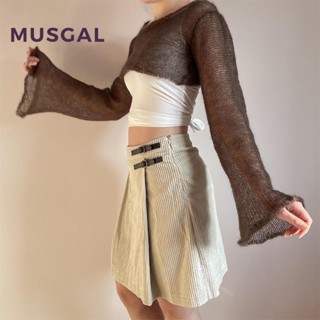 Musgal เสื้อครอปท็อปลําลอง แขนยาว คอกลม ทรงหลวม สีพื้น เข้ากับทุกการแต่งกาย แฟชั่นสําหรับสตรี 2023