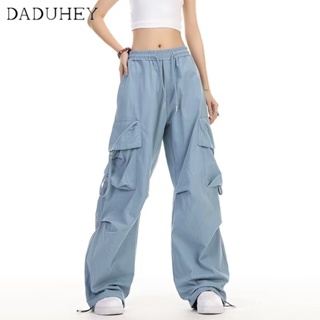 DaDuHey🎈 American Style Retro Women Overalls High Waist Loose Wide Leg Multi-Pocket Loose Fashion Ice Silk Cargo Pants