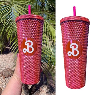 Barbiee Studded Tumbler ขวดน้ํา พร้อมหลอดดูด สีชมพู แฟชั่น