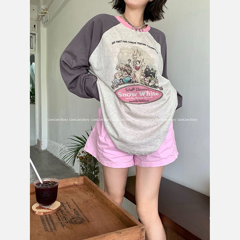 Suxi เสื้อยืดลําลอง แขนยาว คอกลม พิมพ์ลายการ์ตูน สีคมชัด เข้ากับทุกการแต่งกาย สําหรับสตรี