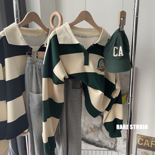 เสื้อโปโล มีฮู้ด ปักลายทาง ทรงหลวม ขนาดใหญ่ แฟชั่นสําหรับผู้หญิง