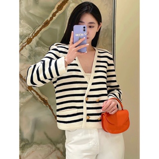 OLO8 C- ELINE 2023 lazy double-breasted classic striped v-neck long sleeve all-match knitted cardigan