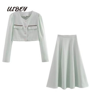 Uibey เสื้อโค้ทแฟชั่น คอกลม + กระโปรงยาวครึ่งตัว 4746