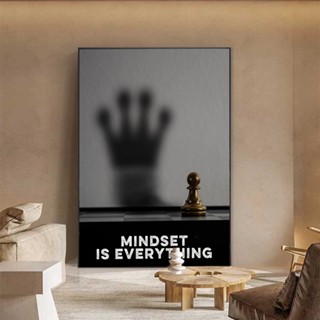 โปสเตอร์ผ้าใบ พิมพ์ลายคําคม Mindset is Everything Chess สีดํา และสีขาว สําหรับตกแต่งผนังบ้าน สํานักงาน