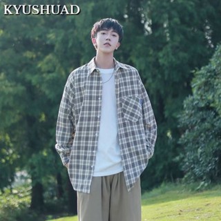 KYUSHUAD บางส่วนหลวมสบาย ๆ แขนยาวเสื้อลายสก๊อตเสื้อผู้ชาย