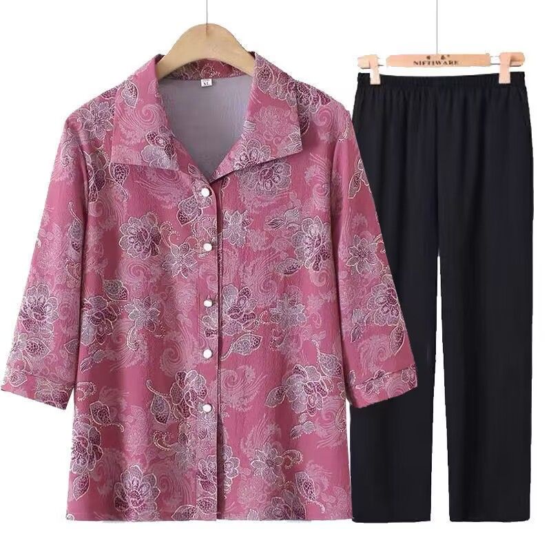 ชุดเซ็ต 2 ชิ้น  เสื้อคนแก่ 🎀 เสื้อคาร์ดิแกนแขนกลาง + กางเกงขายาวสีดำ  ทรงหลวม  ลวดลายสวยงาม - รูปที่ 2