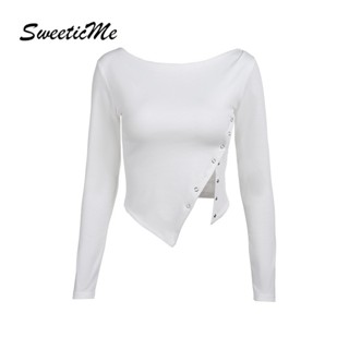 Sweeticme ใหม่ เสื้อยืดลําลอง แขนยาว คอกลม ผ่าข้าง สีพื้น เซ็กซี่ แฟชั่นสําหรับสตรี 2023