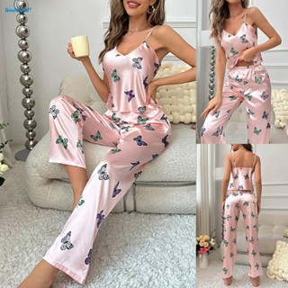 【HODRD】Women Pink Color Butterfly Satin Pyjamas Set Top Pants Home Wear 2Pcs Sleepwear【Fashion】