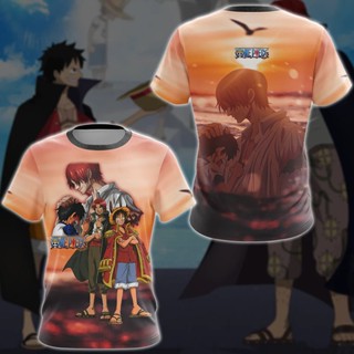 เสื้อยืด พิมพ์ลายการ์ตูนอนิเมะ One Piece Luffy x Shanks 3 มิติ สําหรับผู้ชาย