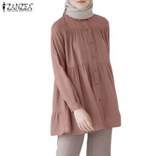 Zanzea เสื้อเชิ้ต คอกลม คอตุ๊กตา สีพื้น สไตล์มุสลิม สําหรับผู้หญิง