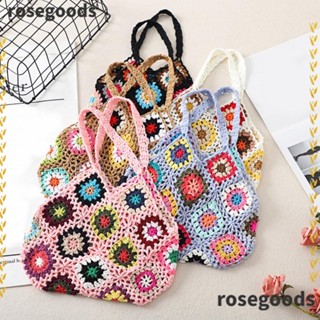 Rosegoods1 กระเป๋าถักโครเชต์ แฮนด์เมด ลายดอกไม้ สไตล์วินเทจ