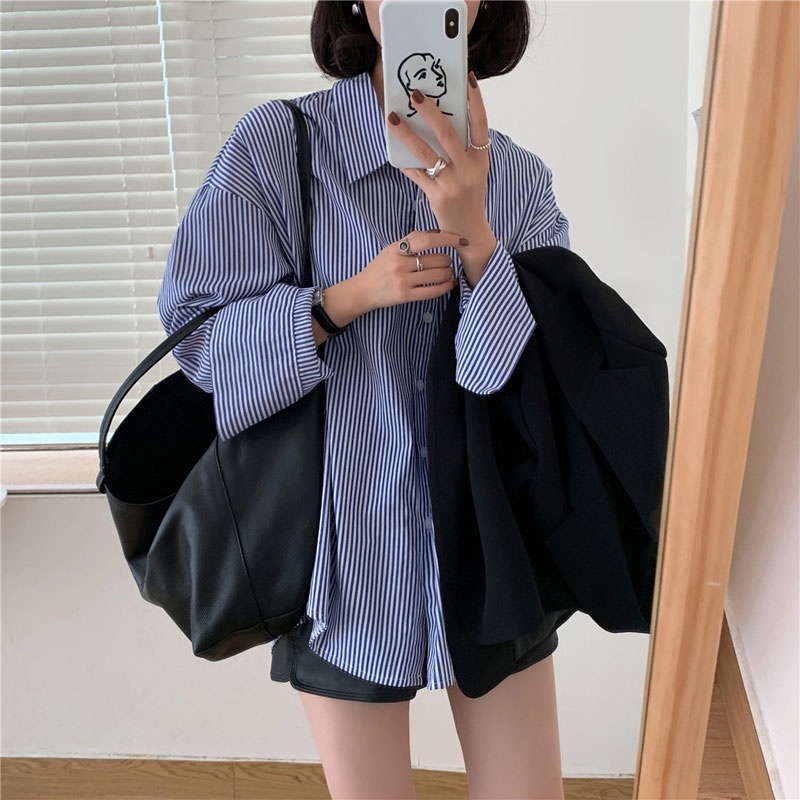 Cuties ❤️ W261❤️ เสื้อเชิ้ตแขนยาว เสื้อแฟชั่นผู้หญิงลายทาง สีฟ้า สไตล์เกาหลี