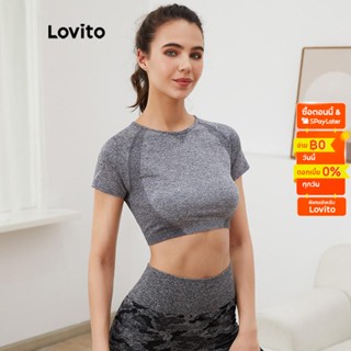 Lovito เสื้อยืด คอกลม บอดี้คอน สไตล์สปอร์ต สีพื้น L03011 (สีเทา/สีชมพู)