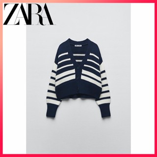 Zara ใหม่ เสื้อแจ็กเก็ตถัก แขนยาว คอวี ลายทาง สําหรับผู้หญิง