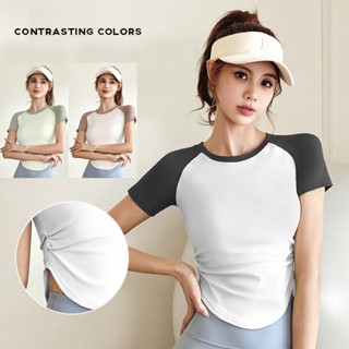 EVE-YOGA-128 เสื้อออกกำลังกายผู้หญิง เสื้อยืดกีฬาโยคะแขนสั้น ทรงเข้ารูป สีทูโทน