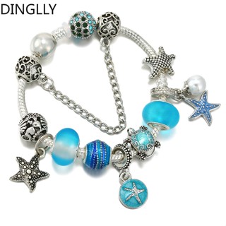 Dinglly สีฟ้า ปลาดาว และเต่า สร้อยข้อมือ เสน่ห์ สําหรับผู้หญิง DIY เปลือกหอยและไข่มุก สร้อยข้อมือ ลูกปัด เครื่องประดับ