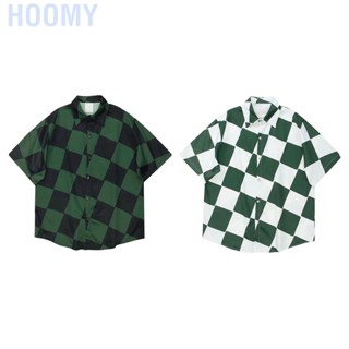 Hoomy Man Casual Short Sleeve Plaid Shirt Colorblock Loose Fit Oversized Collared Button Down Top