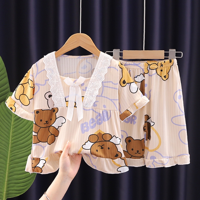 พร้อมสต็อก 95-155ซม สาวเครื่องปรับอากาศ ชุดบ้าน สูทขนาดกลางขนาดใหญ่เด็กระบายอากาศแขนสั้นสไตล์เจ้าหญิงชุดนอน