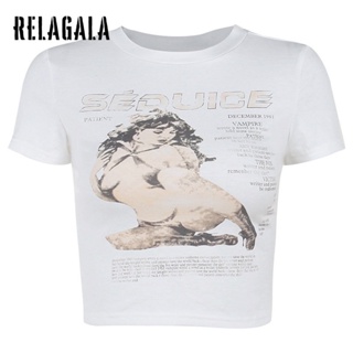 Relagala ใหม่ เสื้อยืดลําลอง แขนสั้น คอกลม พิมพ์ลาย เซ็กซี่ แฟชั่นสําหรับสตรี 2023