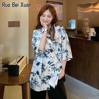 RUO BEI XUAN เสื้อสตรีฤดูร้อนใหม่แขนสั้นหลวมชายหาดเสื้อเชิ้ตลายดอกไม้