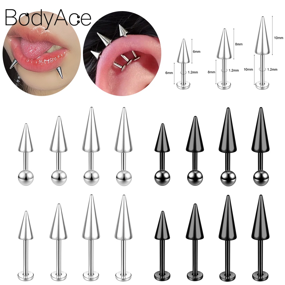 Bodyace 1 PC 16G/18G Punk ปีศาจยาว Spike Labret Lip เจาะสแตนเลสกระดูกอ่อนสตั๊ดต่างหูกรวย Conch Helix เจาะ