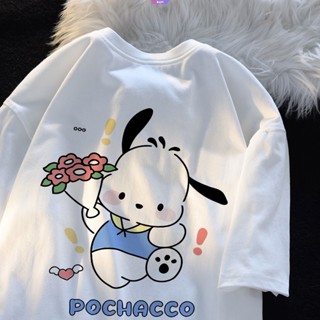 เสื้อยืดแขนสั้นลําลอง ผ้าฝ้าย แบบบาง พิมพ์ลายการ์ตูนอนิเมะ Sanrio Bouquet Pochacco ทรงหลวม โอเวอร์ไซซ์ แฟชั่นฤดูร้อน สําหรับเด็กผู้หญิง และเด็กผู้ชาย [RAIN]