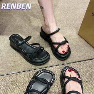 RENBEN เค้กฟองน้ําหนา soled รองเท้าแตะผู้หญิงด้านนอกสวมใส่ฤดูร้อนใหม่สไตล์เกาหลีแฟชั่นที่เรียบง่ายหนึ่งคําลิ่มรองเท้าแตะและรองเท้าแตะสําหรับผู้หญิง