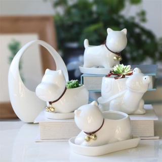 ღ เซรามิคสัตว์ดอกไม้หม้อน่ารัก Succulent Planter กระถางดอกไม้ Creative Puppy Cat Potted Garden Bonsai Pots สำหรับดอกไม้ตกแต่งบ้าน