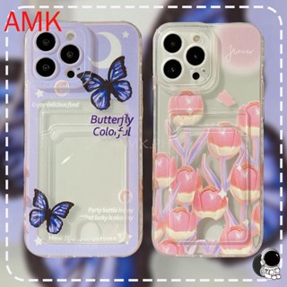 เคสโทรศัพท์มือถือแบบใส กันกระแทก ลายผีเสื้อ ดอกทิวลิป สีชมพู พร้อมช่องใส่บัตร สําหรับ samsung s23 s22 s21 s20 note 20 10 ultra plus fe 8 9 s10 M53 M52 M33 M31S M31 M30 M23 5G CRSKB