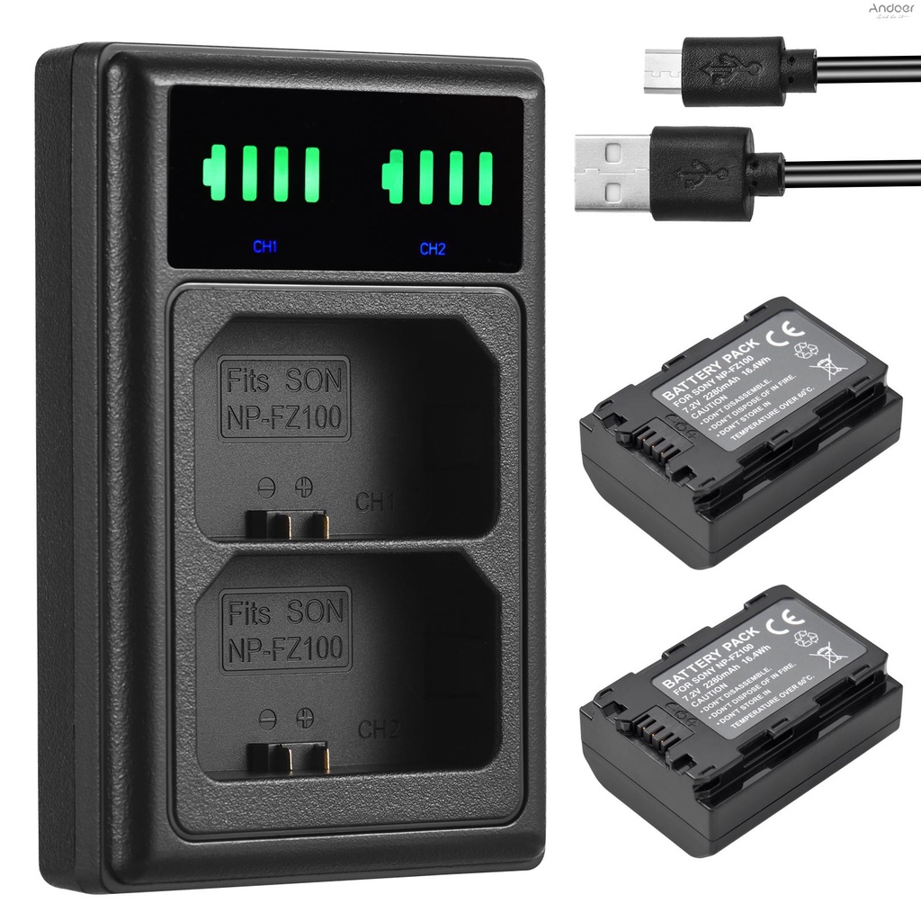 NP-FZ100 Battery Charger with LED Indicators + 2pcs NP-FZ100 Batteries 7.2V 2280mAh with USB Chargin