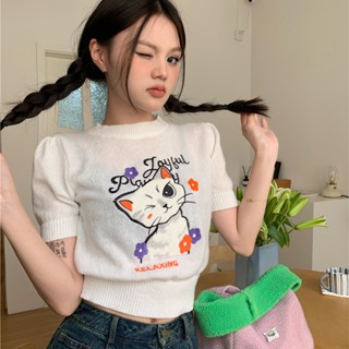 🧡Crush🧡 เสื้อยืด เสื้อยืดถัก ปักลายการ์ตูนคิตตี้ เสื้อยืดเกาหลี