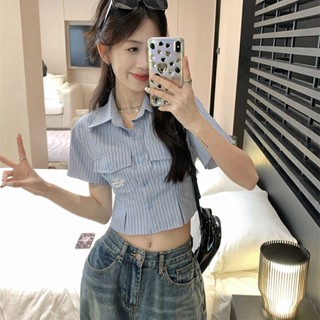 เสื้อเชิ้ตทรงโปโลเอวลอย เสื้อเชิ้ตแขนสั้นลายทาง เสื้อเข้ารูปปักลายผู้หญิง
