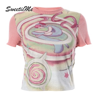 Sweeticme เสื้อยืดคอกลม แขนสั้น พิมพ์ลาย เข้ากับทุกการแต่งกาย แฟชั่นสําหรับผู้หญิง 2023