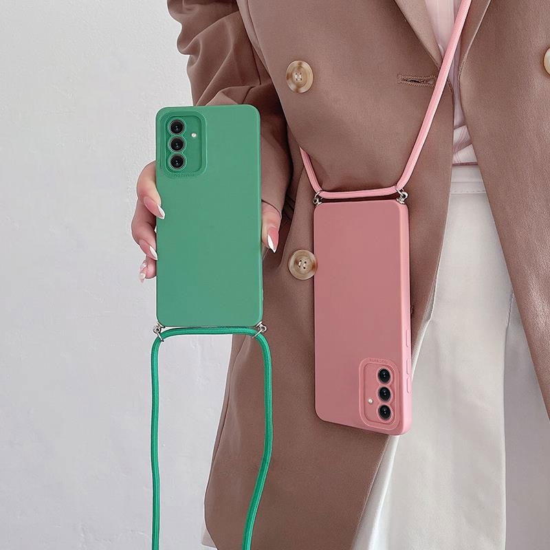 เคสโทรศัพท์ซิลิโคน TPU แบบนิ่ม สีลูกกวาด ป้องกันเลนส์กล้อง พร้อมสายคล้อง สําหรับ SAMSUNG A54 A34 A24 Galaxy A04S A04 E A71 A51 A72 A52 A52S