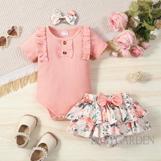 Babygarden-0-18 MONTHS ชุดรอมเปอร์ และกางเกงขาสั้น PP ลายดอกไม้ สีพื้น 3 ชิ้น