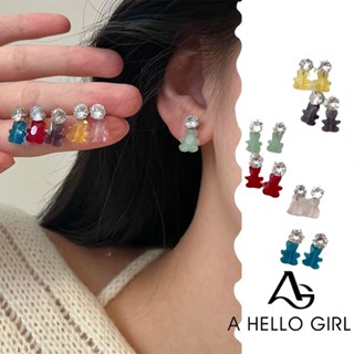 A hello girl ต่างหู รูปหมีน่ารัก ขนาดเล็ก หลากสี สไตล์เกาหลี สําหรับผู้หญิง