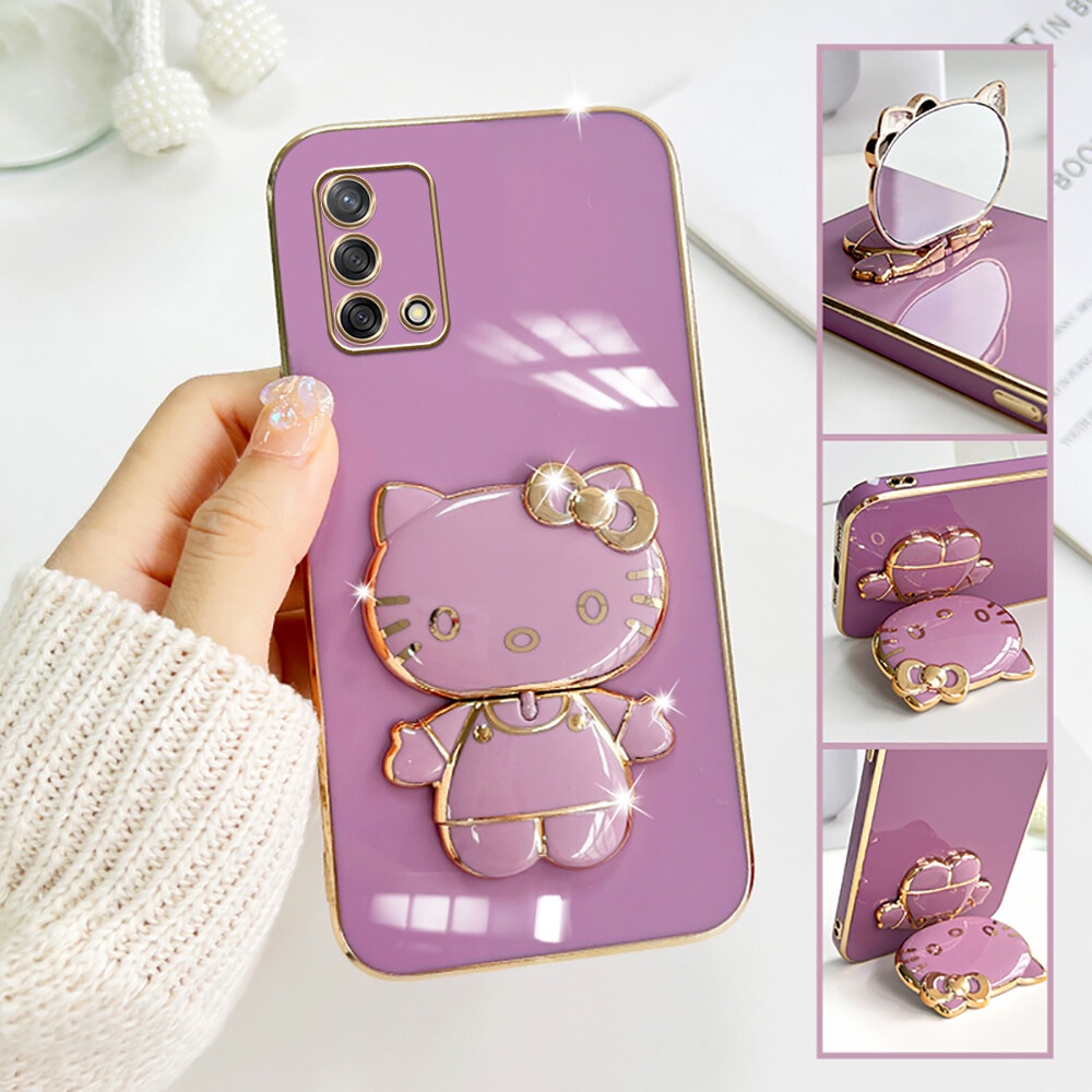 (พร้อมส่ง) เคส Oppo เคสขอบทอง+ขาตั้งกระจกคิตตี้ A9(20)/A5(20) A53 A16 A15 A3S A79 A18 A54 A38 A76 A31 A96(4g)