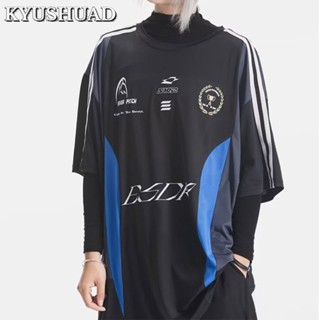 KYUSHUAD ชุดมอเตอร์ไซค์แขนสั้นคอกลมแห้งเร็วแบบหลวม, เสื้อยืดกีฬาสีย้อนยุคแบบอเมริกันสำหรับผู้ชายและผู้หญิง,