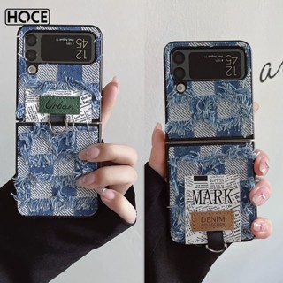 Hoce เคสโทรศัพท์มือถือ ผ้ายีน ลายตารางหมากรุก พร้อมแหวนนิ้ว สไตล์เกาหลี หรูหรา สําหรับ Samsung Galaxy Z Flip3 Zflip4 5G Z Flip 3 Flip4