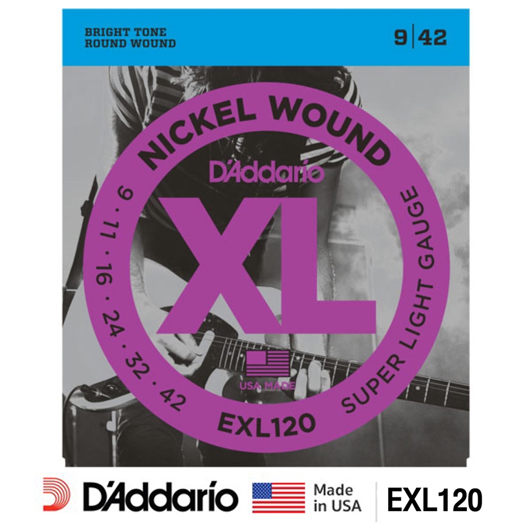 D'Addario® สายกีตาร์ไฟฟ้า เบอร์ 9 แบบนิกเกิล ของแท้ 100% รุ่น EXL120 (Super Light, 9-42)