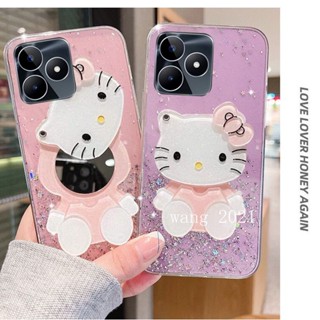 พร้อมส่ง เคสโทรศัพท์มือถือนิ่ม แบบใส ปิดด้านหลัง ลายดาว ประดับเลื่อม พร้อมกระจกแต่งหน้า Hellokitty แฟชั่น สําหรับ Realme C53 C55 NFC 2023 RealmeC53