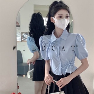 เสื้อเชิ้ตแขนพัฟสั้น เอวแคบ ประดับโบว์ สีฟ้า แฟชั่นฤดูร้อน สําหรับผู้หญิง