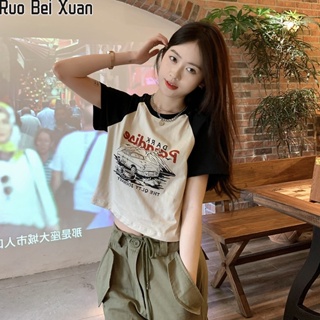 Ruo Bei Xuan เสื้อยืดแขนสั้นพิมพ์ลายวินเทจสไตล์อเมริกันเข้ารูปพอดีตัวสำหรับผู้หญิง