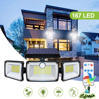 Espo โคมไฟติดผนัง LED 167 ดวง พลังงานแสงอาทิตย์ 3 หัว IP65 กันน้ํา พร้อมรีโมตคอนโทรล กันน้ํา เซนเซอร์จับการเคลื่อนไหว PIR สําหรับถนนคอร์ทยาร์ด