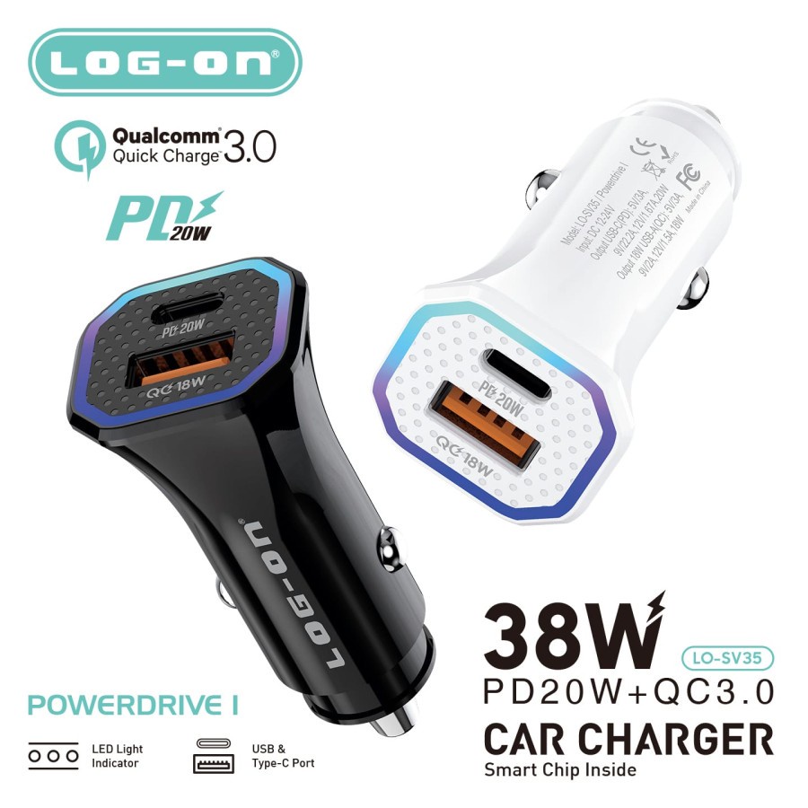 ( LOG-ON)- CAR PLUGIN CAR CHARGER CAR SAVER LOG ON LO-SV35 POWER DRIVE 1 38W PD20W+QC3.0 - CAR CHARG