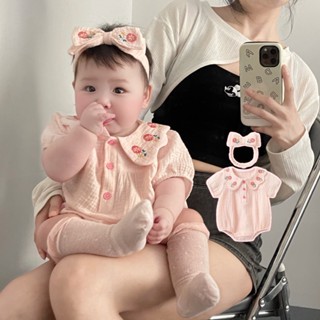 ใหม่ ชุดบอดี้สูท รอมเปอร์ แขนสั้น + ที่คาดผม ผ้าฝ้าย 0-24 เด…